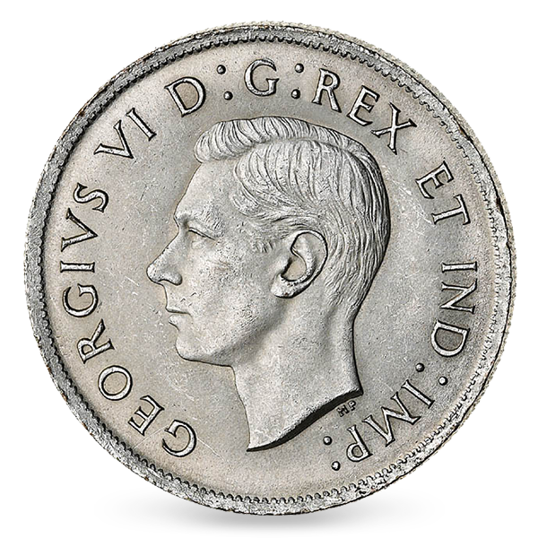 George VI (1937-1952) Her Majesty Queen Elizabeth II's father appeared in effigy on Canadian coins until his daughter's Coronation in 1952. Until 1947, the inscription accompanying his image read GEORGIVS VI D:G:REX ET IND:IMP or GEORGIVS VI DEI GRA REX ET IND:IMP (depending on the denomination). After India became independent in 1947, the ET IND:IMP, which meant “George VI, Emperor of India,” was discontinued.